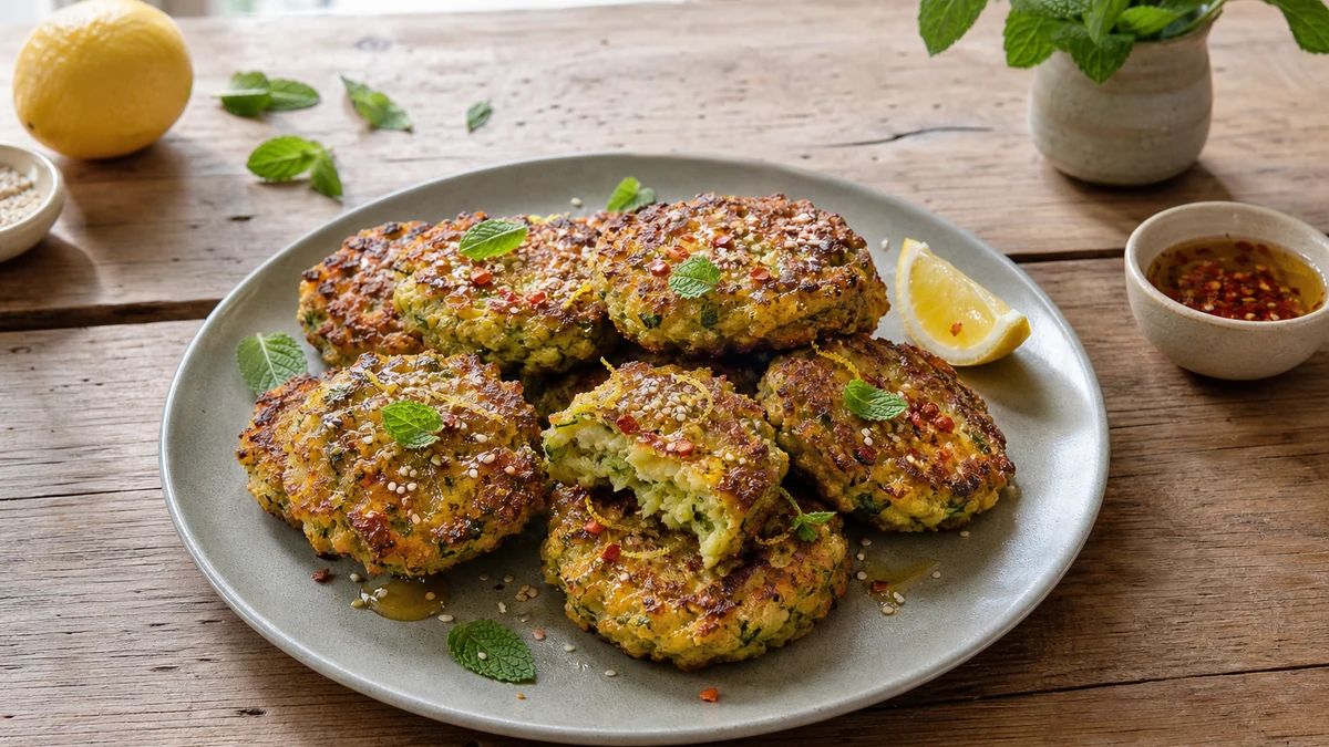 Frittelle dorate di zucchine e halloumi con sesamo, menta e un filo di miele piccante
