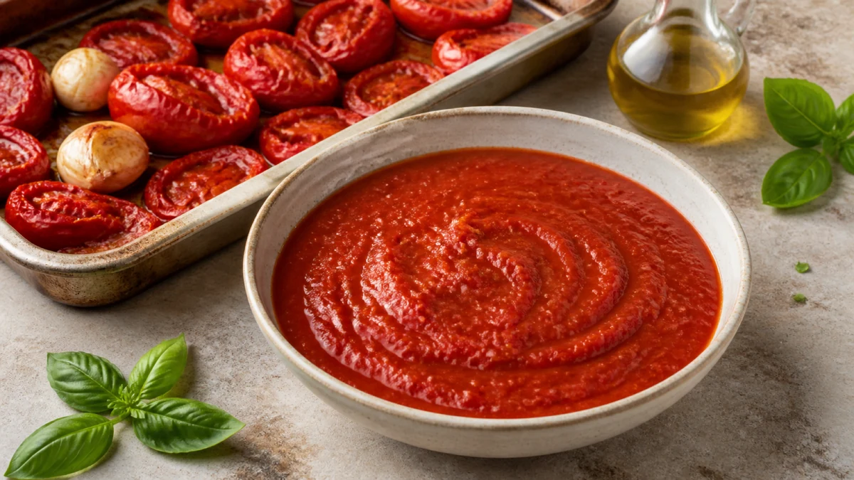 Ciotola di salsa di pomodoro rossa e liscia, circondata da pomodori arrostiti, aglio e basilico