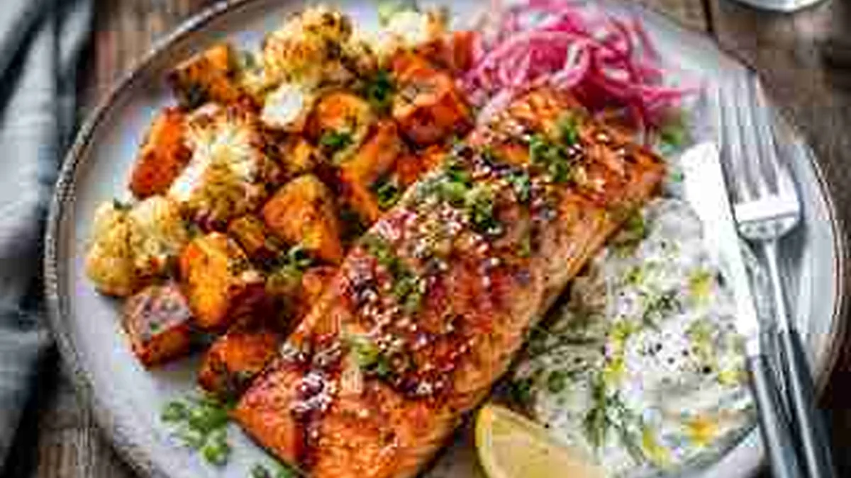 Salmone al forno con verdure dorate e limone su una teglia