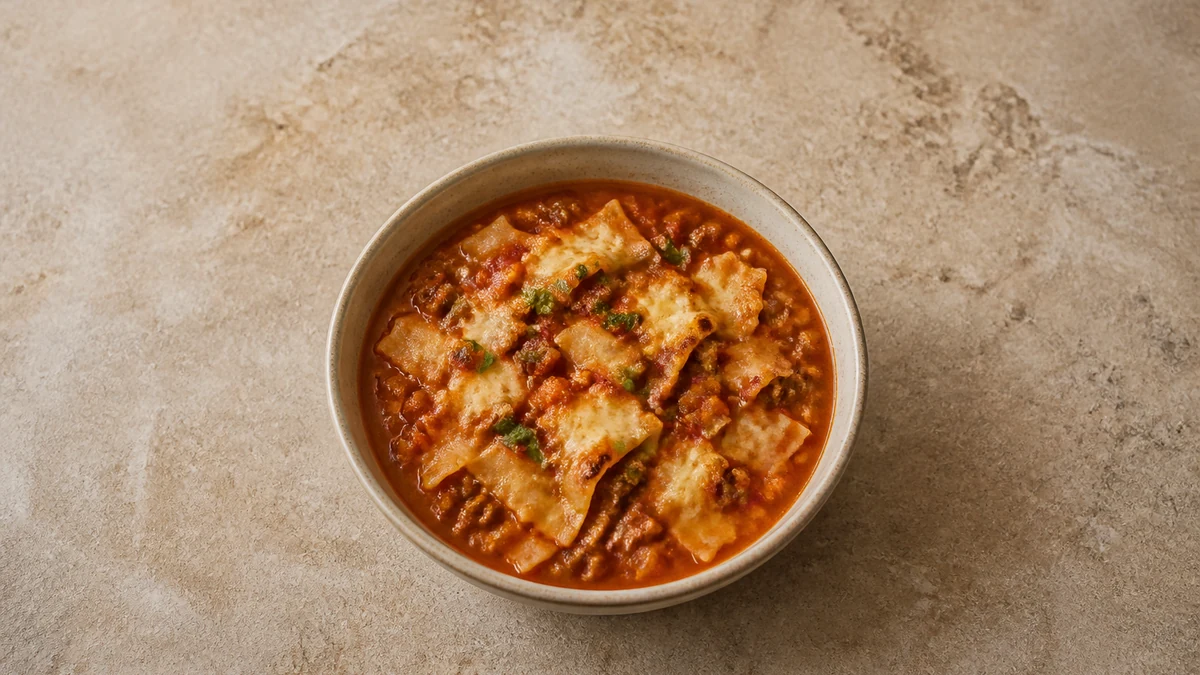 Zuppa di lasagne con manzo e pasta sotto una copertura dorata di mascarpone e Parmigiano