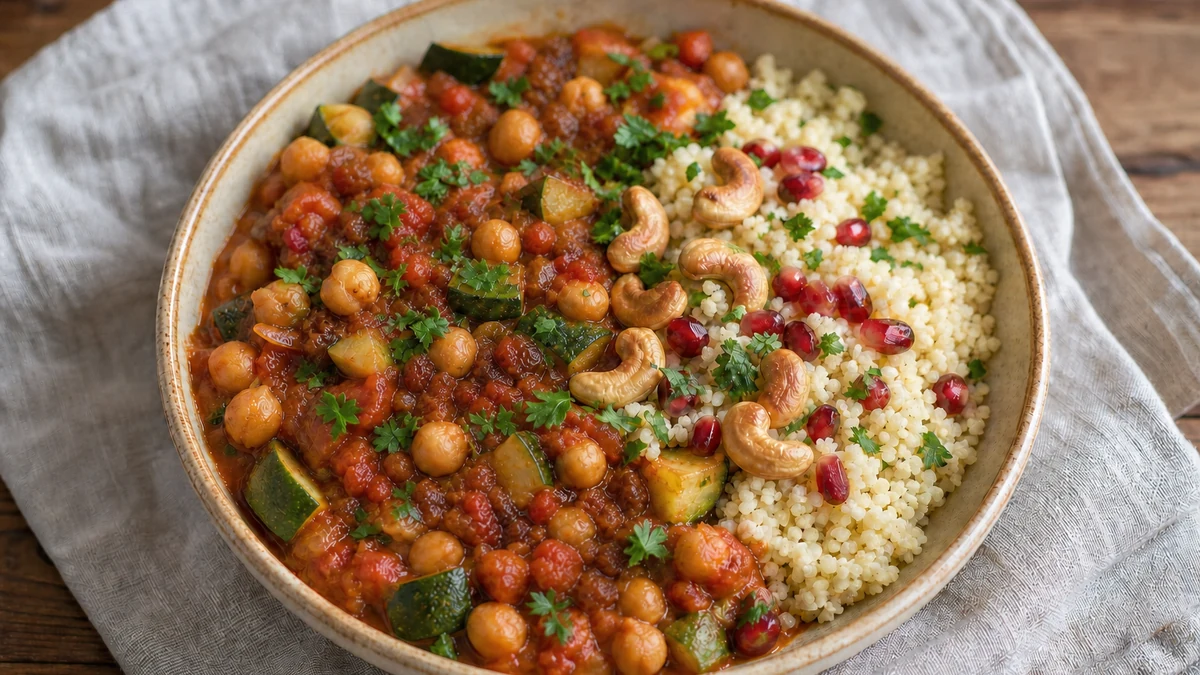 Stufato di ceci, zucchine e pomodoro con couscous, anacardi, prezzemolo e melagrana