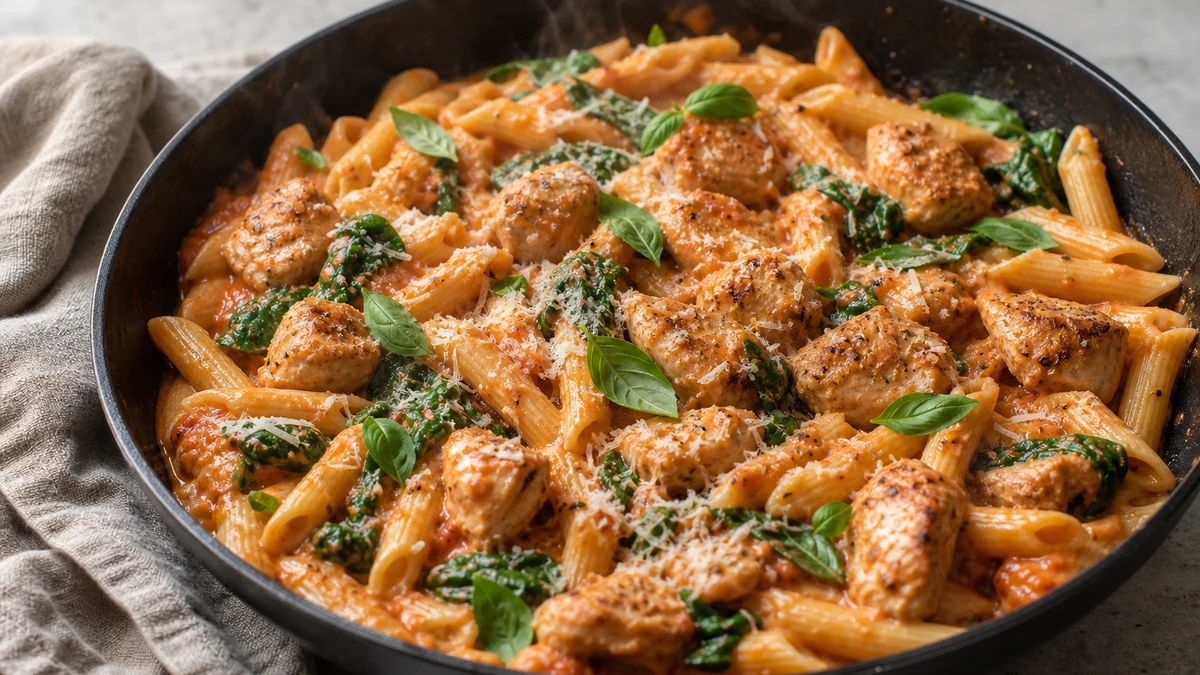 Penne cremose con pollo rosolato, pomodoro, spinaci, parmigiano e basilico in una padella larga