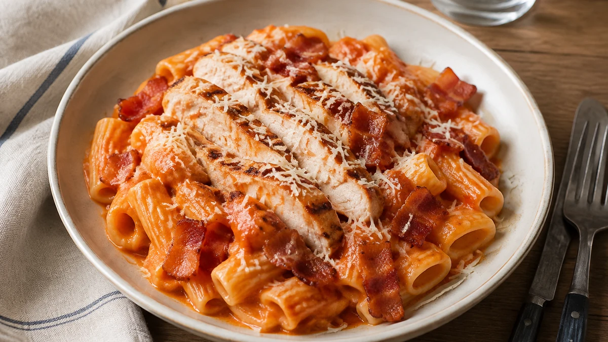 Rigatoni in salsa cremosa al pomodoro con pollo grigliato, bacon croccante e parmigiano grattugiato