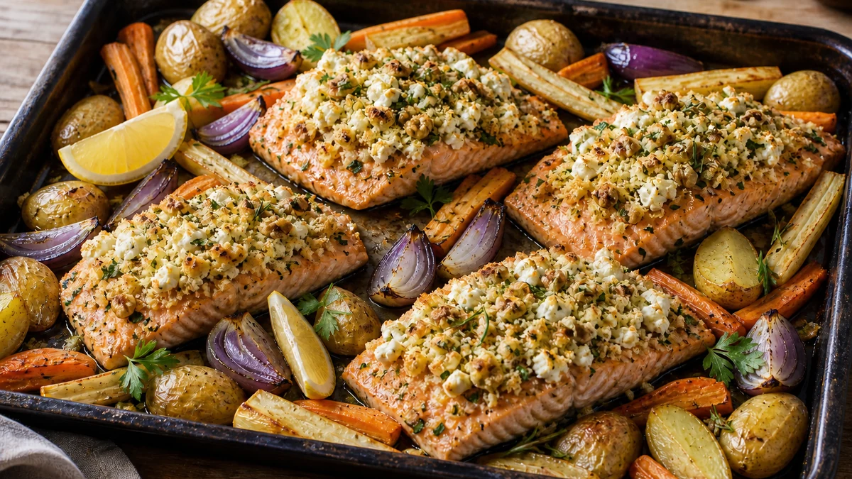 Salmone al forno con crosta dorata di caprino e noci, patate e ortaggi da radice arrostiti