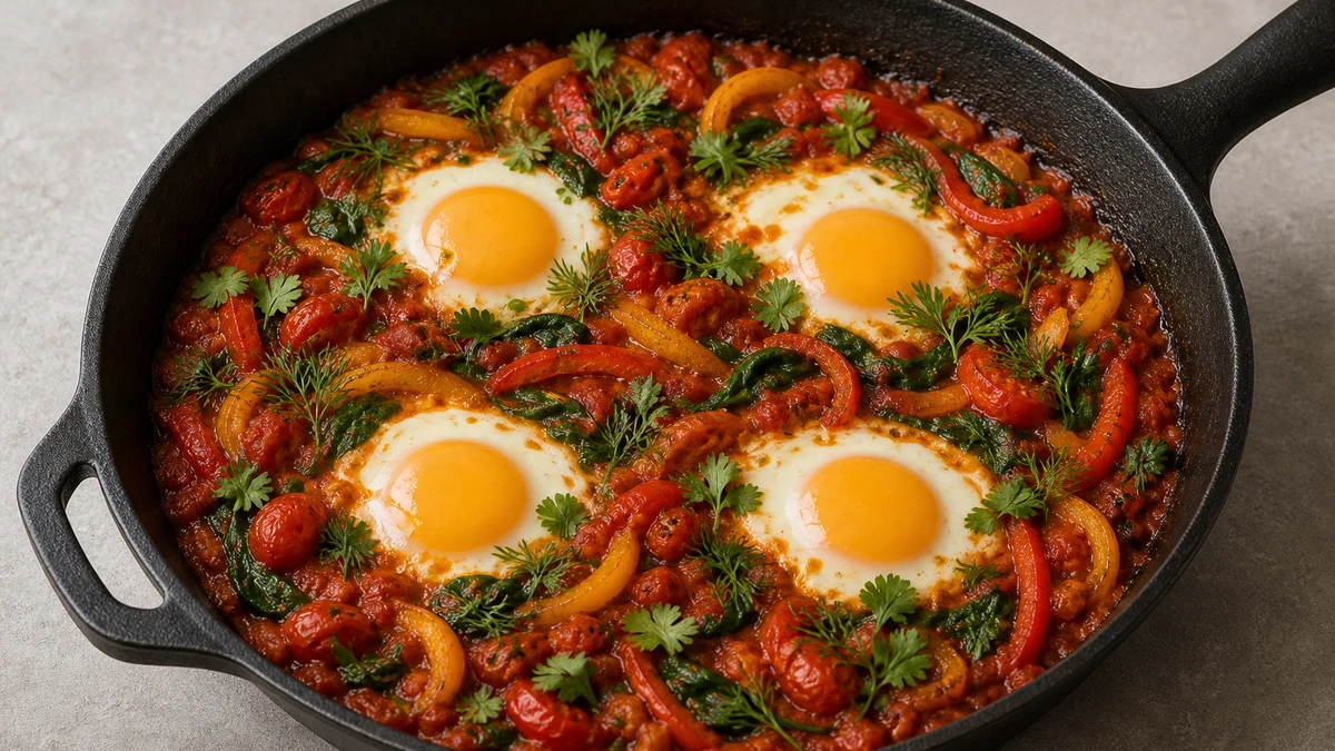 Shakshuka in una padella scura con uova, un peperone rosso e uno giallo, spinaci, coriandolo e aneto