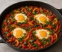 Shakshuka in una padella scura con uova, un peperone rosso e uno giallo, spinaci, coriandolo e aneto
