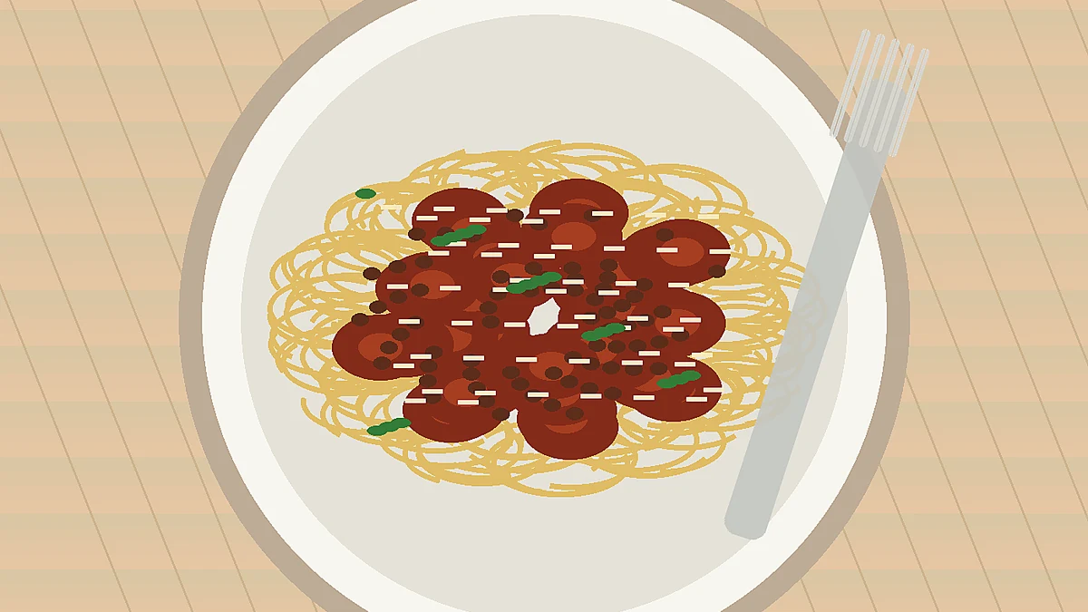 Spaghetti con sugo bolognese, Parmigiano e foglie fresche di basilico