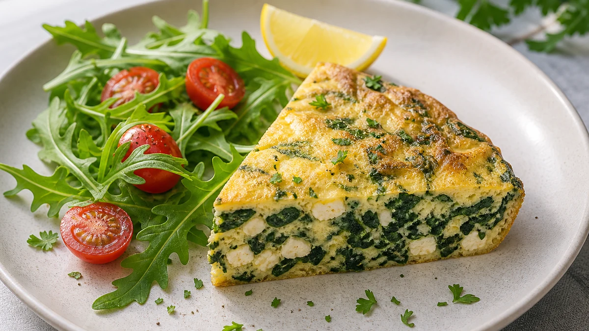 Frittata di spinaci e feta tagliata a spicchi accanto a rucola, pomodorini e prezzemolo riccio