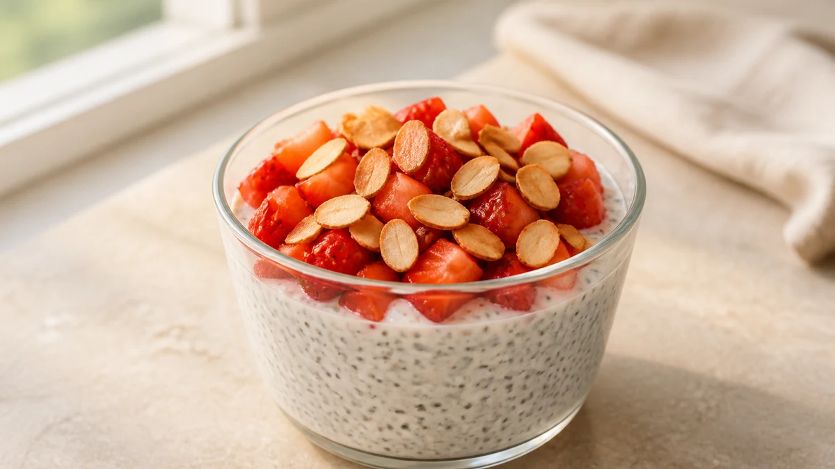 Budino di chia e yogurt in un bicchiere con fragole a pezzetti e mandorle a lamelle tostate