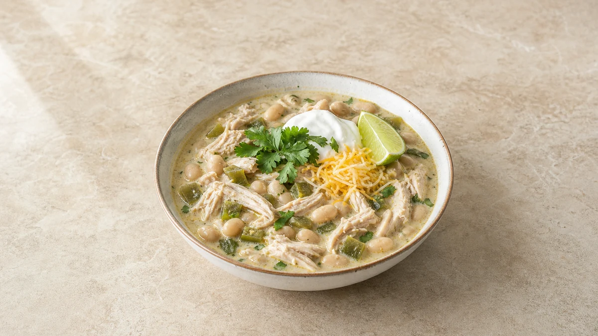 Chili bianco di pollo con fagioli bianchi, peperoni verdi, panna acida, cheddar, coriandolo, lime e tortilla chips